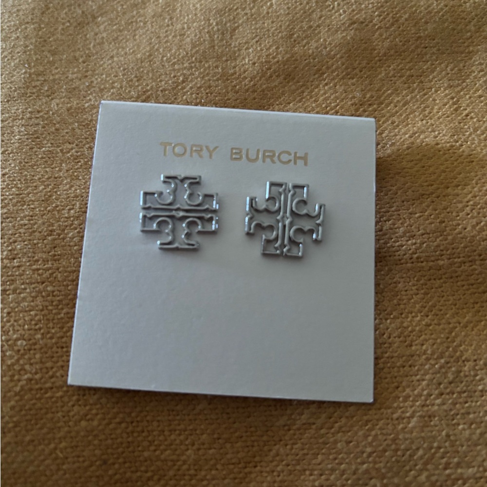 Tory Burch Silver Logo Stud Earrings